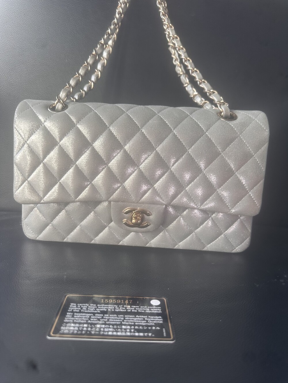 CHANEL Silver Quilted Calfskin Medium Double Flap